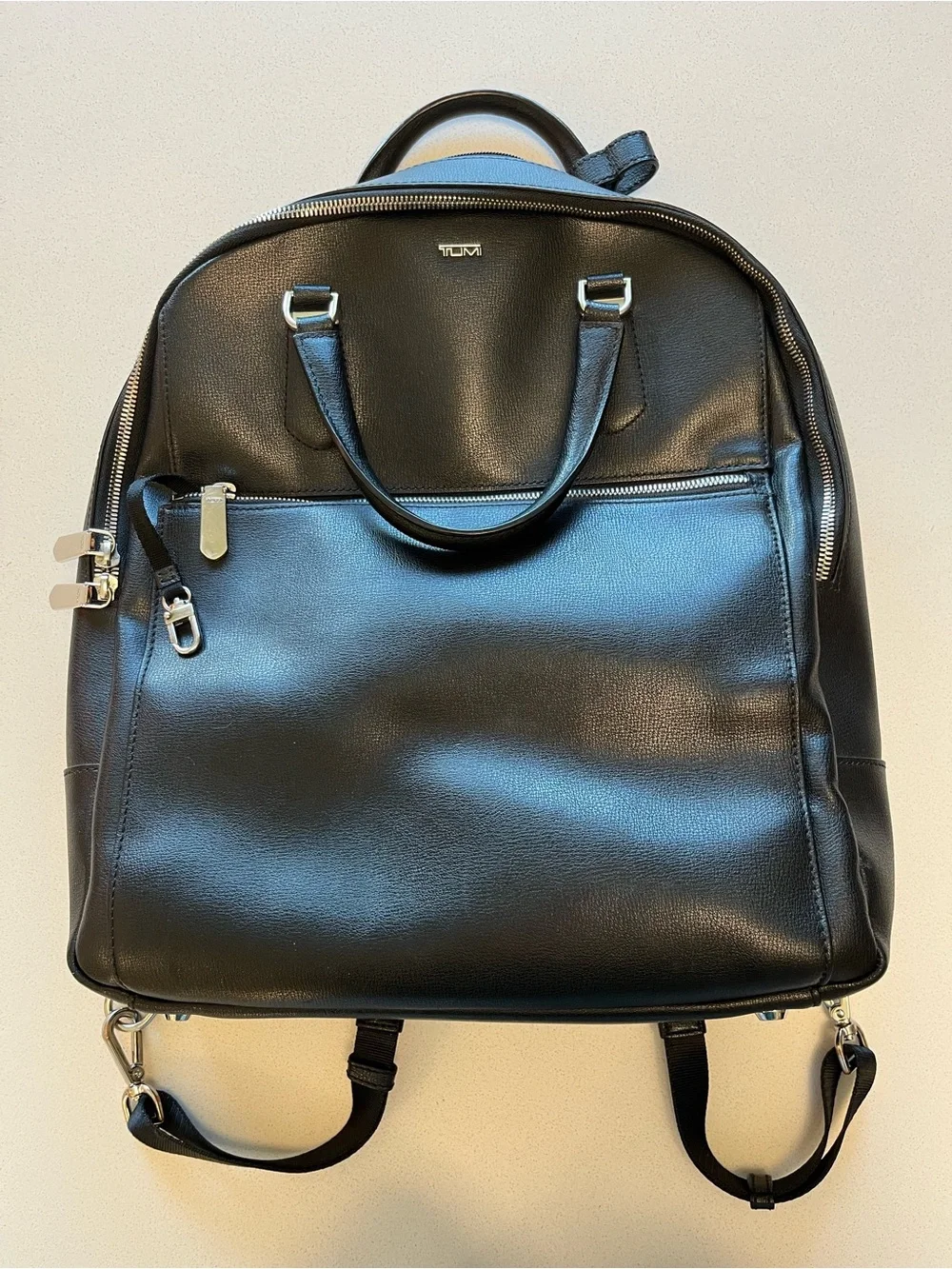 Tumi Black Leather Backpack with Silver-Tone Hardware